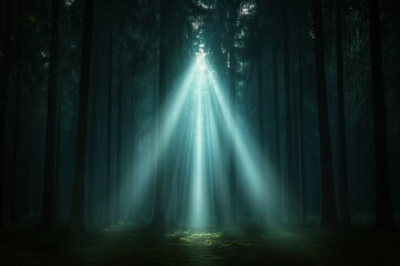 Glowing light beams breaking through a dense fog in a dark forest, mysterious and captivating, forest glowtime, eerie and enchanting.