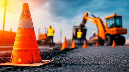 Close-up of safety cones and barriers set up around a road repair site, with machinery and construction workers in the background.