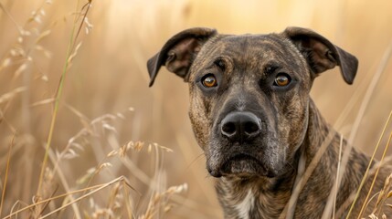  A poised dog gazes at the camera from amidst tall grass, his serious expression intensified in this close-up shot