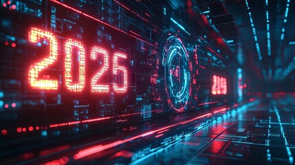 Obraz premium Futuristic Digital Interface with 2025 Neon Sign