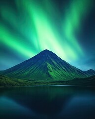 A stunning mountain landscape under the vibrant glow of the northern lights reflecting on a serene lake.