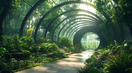 A tropical greenhouse brims with life, a circular window framing the verdant scene.