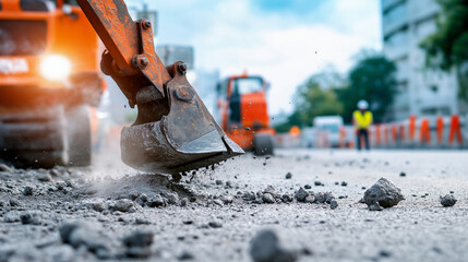 Close-up of a jackhammer breaking up old concrete, with safety barriers and road repair equipment in the background.