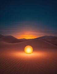 Glowing orb in a mystical desert at twilight, symbolizing ancient magic, desert glowtime, mysterious and evocative.