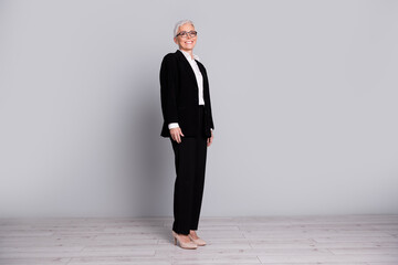 Full length photo of gorgeous lovely successful senior lady wear black suit isolated on grey color background