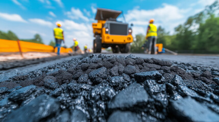 Close-up of a pile of asphalt ready for use, with road construction machinery and workers in the background.