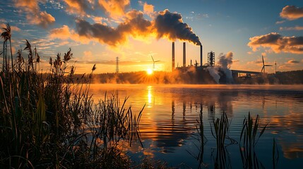 Fototapeta premium An industrial sunset frames smoke stacks and wind turbines, a striking mix of old industry and renewable power.