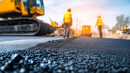 Close-up of a pile of asphalt ready for use, with road construction machinery and workers in the background.