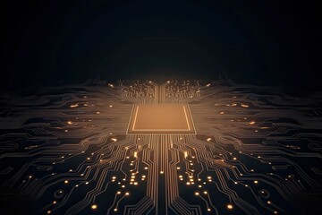 Abstract view of a microchip with glowing circuits, representing technology and innovation in a dark background.