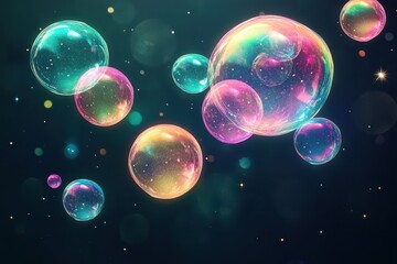 Glowing rainbow-colored bubbles floating in a dark space, playful glowtime, joyful and whimsical.