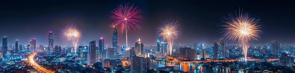 Obraz premium Fireworks Display Over City Skyline at Night