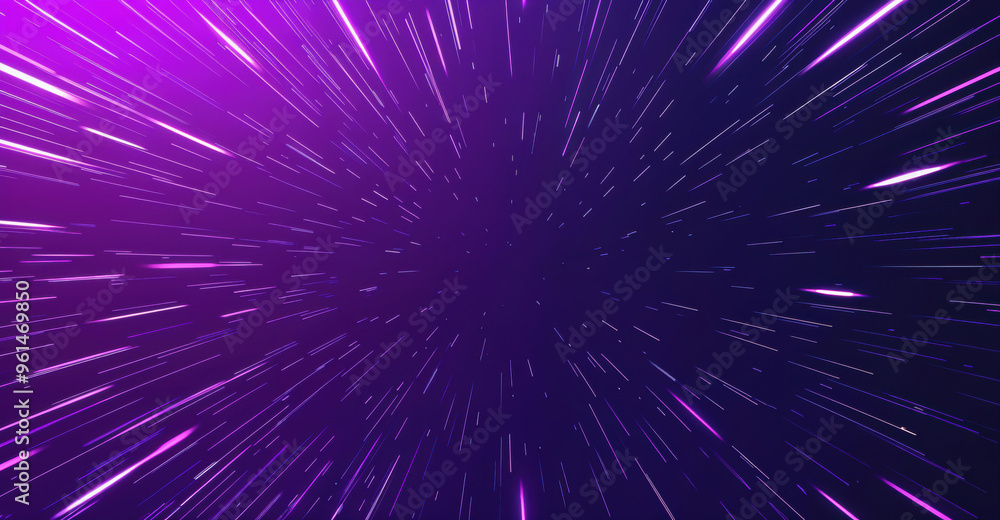 Poster abstract hyperspace background is speeding with purple light trails representing futuristic technolo