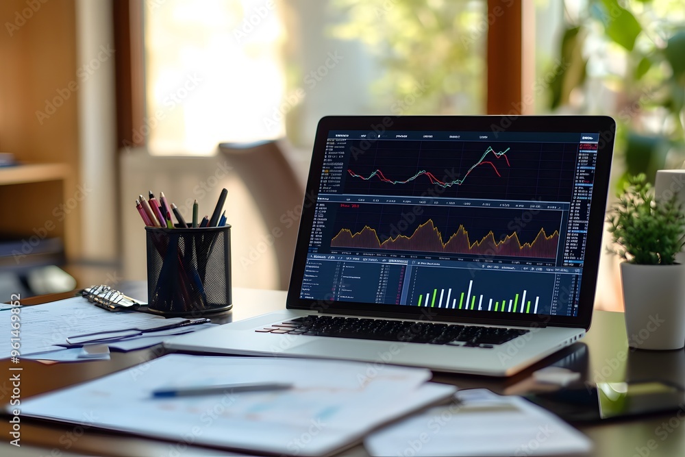 Poster laptop displaying financial charts and data on a desk