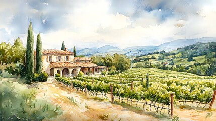 A serene watercolor of the Italian countryside showcases a vineyard and stone house, bathed in soft, warm hues.