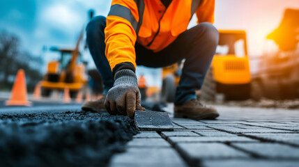 Close-up of a construction worker positioning bricks for a new road, with construction machinery and signs visible behind.