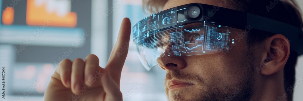 Poster a data analyst wearing augmented reality glasses, interacts with data visualizations, exploring comp