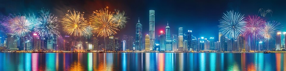 Fireworks Display Over City Skyline at Night