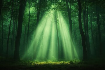 Majestic beams of light pierce through a lush green forest, creating a serene and enchanting atmosphere for nature lovers.