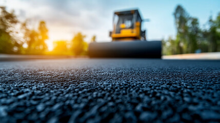 Close-up of freshly laid asphalt with a steamroller approaching in the background, preparing to smooth the surface.