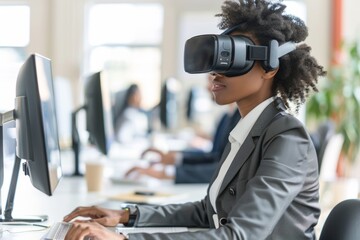 Businesswoman in VR Headset Working in Modern Office, Enhancing Communication  Productivity