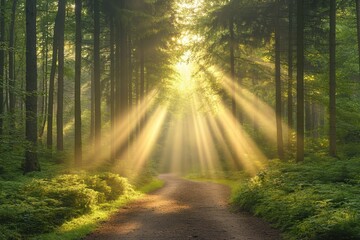 Radiant golden hour sunbeams illuminating a quiet forest path, nature's glowtime, peaceful and inspiring landscape.