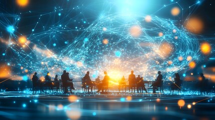 Global Network Connection with Silhouettes of People.