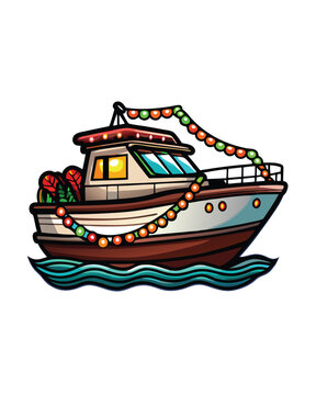 recommend clip art: Editable stroke vector illustration of a boat decorated with lights and greenery, sailing on the water.