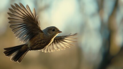 Obraz premium Bird in close flight with a blurred background, highlighting the intricate details of its feathers and the intensity of its flight.