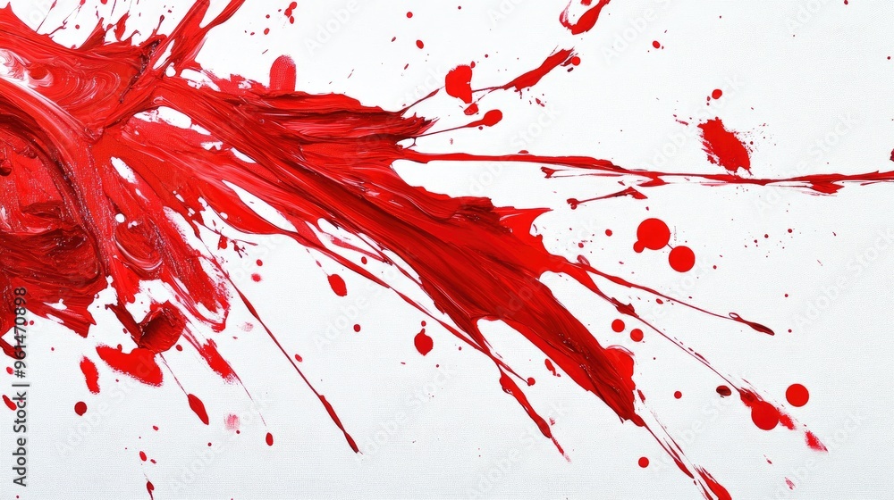 Poster bold red paint splashes on a white canvas, creating an abstract and energetic composition with dynam