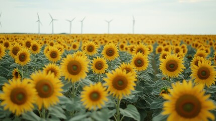 Sunflower Field with Wind Turbines in the Distance