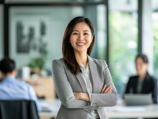 Obraz premium Confident Asian woman leading a business meeting, modern office setting, collaborative work environment