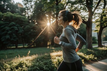 A woman is running in a park with her headphones on