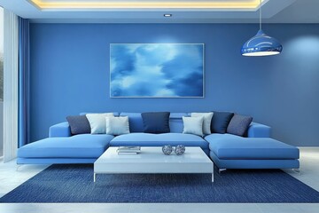 A modern blue-themed living room featuring a sectional sofa and decorative elements.