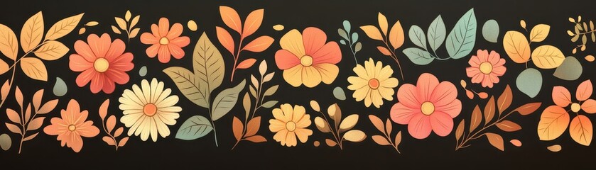 Vibrant floral design featuring various flowers and leaves in warm colors on a dark background. Perfect for nature themes.