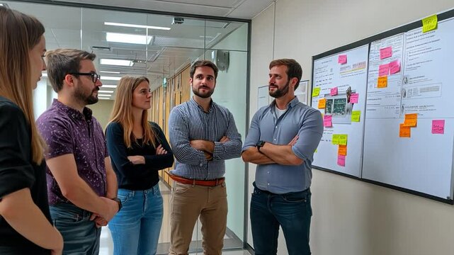 A group of people are standing around a white board with a lot of writing on it. They are discussing the ideas on the board