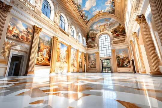 Interior of a Grand Hall with Ornate Ceiling and Marble Floor.