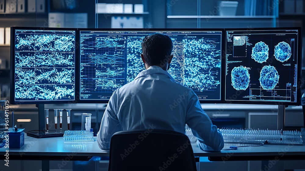 Aufkleber a scientist analyzes data on multiple screens, the lab filled with the glow of digital insight.