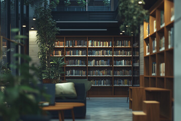 Variety of book in wooden shelf in library, Classic bookshelf in library with working space.	
