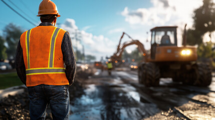 View from the back of a road worker directing traffic around a road repair site, with machinery and workers visible ahead.