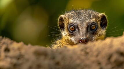 Obraz premium A tight shot of a small animal poking its head from a hole in the earth amidst tree-studded backdrop