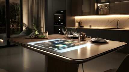 A dining table featuring a built-in digital display for interactive dining experiences, placed in a stylish and tech-forward kitchen