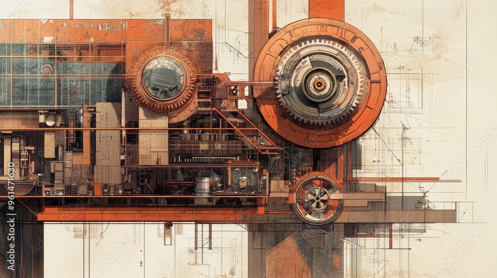 Poster a detailed illustration of an intricate industrial machine, showcasing gears, pipes, and structural 