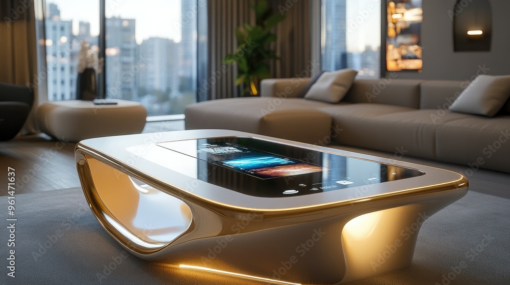 Poster a futuristic table with a built-in wireless charging surface and touch controls, set in a modern liv