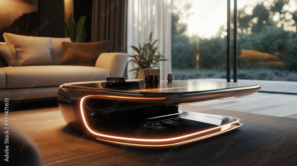 Poster a futuristic table with a built-in wireless charging surface and touch controls, set in a modern liv