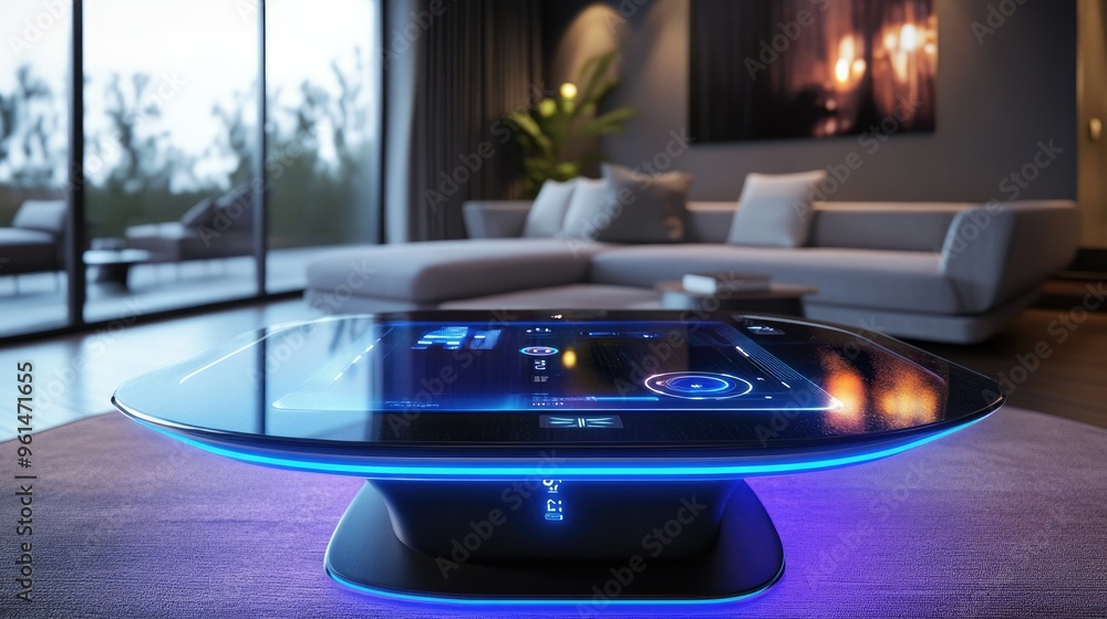 Poster a futuristic table with a built-in wireless charging surface and touch controls, set in a modern liv