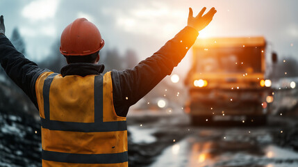 Back view of a road repairman, arms raised to guide a truck backing up toward a road repair site.