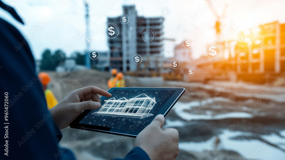 Poster builder pointing at a digital rendering of a residential building on a tablet, with a construction s