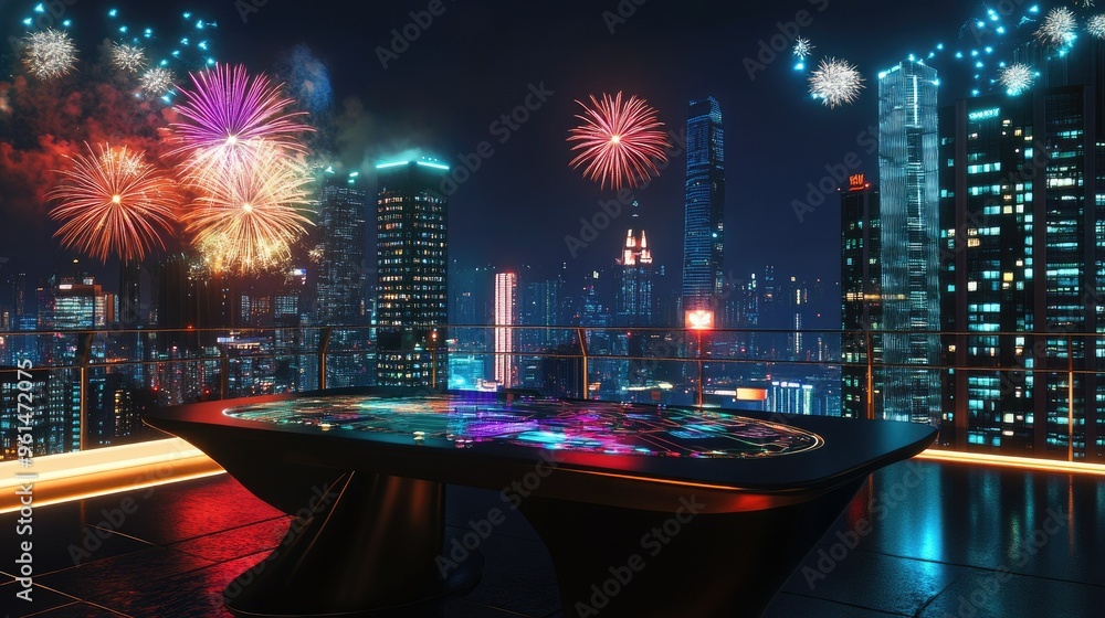 Poster a high-tech table set in a modern rooftop setting, with a spectacular fireworks display illuminating