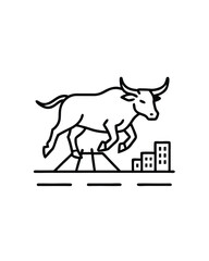 Editable stroke vector illustration of a bull charging down a street with buildings in the background.