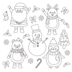 Vector kawaii Christmas character coloring page for kids. Winter holiday printable activity. Color the contour Xmas character santa deer snowman penguin bear. New Year vector illustration.